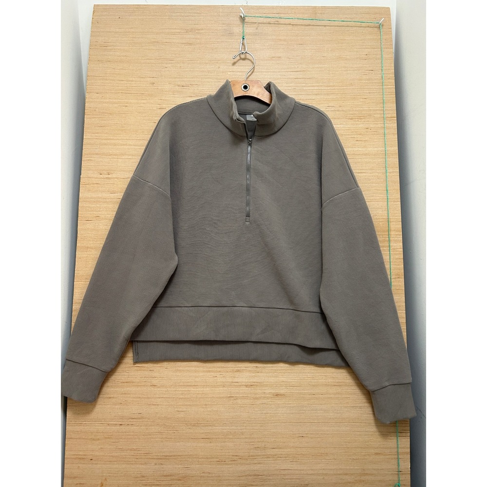 Calia Womens XL‎ Taupe Grey Ribbed Half Zip Pullover Sweatshirt High Low Hem
